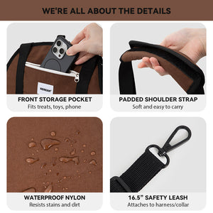 Pet carrier details include a front storage pocket, padded handle, waterproof nylon, and built-in safety tether.