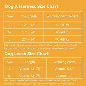 Dog harness size chart showing chest girth and recommended weight for TERRA harness and matching leash sizes.