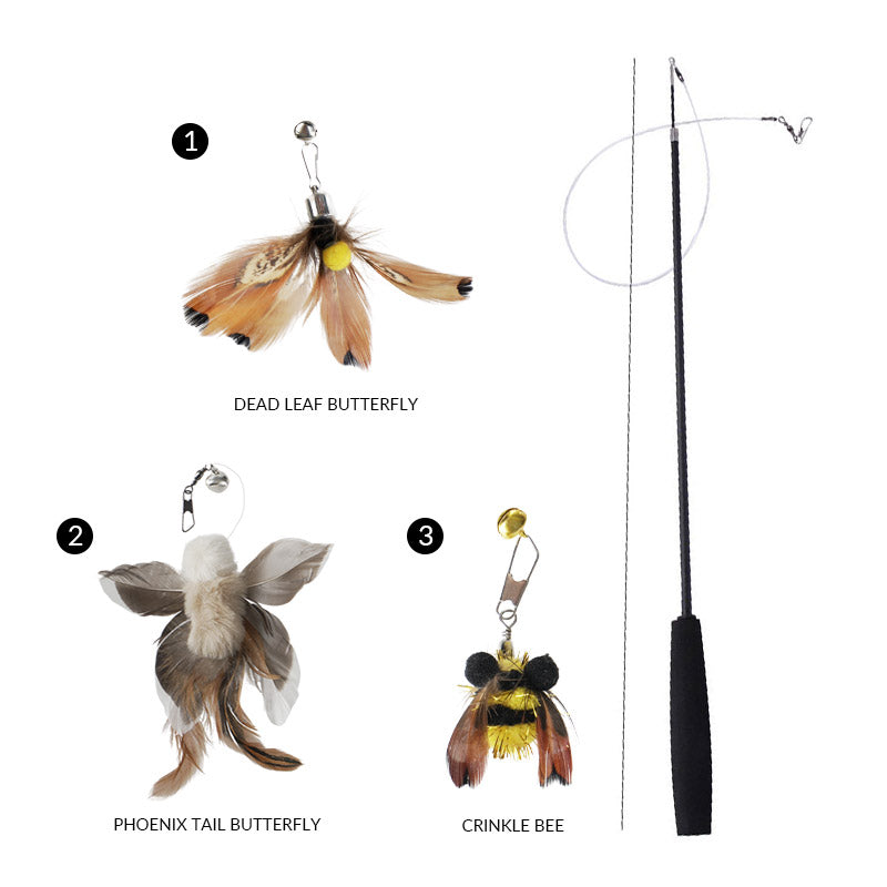 71-Inch Retractable Cat Teaser Wand with Insect-Shaped Feather Heads | Choose Wand + 3-Head Set or 3 Replacement Heads Only