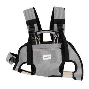 Breathable Cooling Dog Carrier Backpack in gray plaid with airy leg openings for calm outdoor adventures.