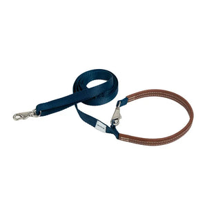 Crossbody dog leash in blue with a soft leather handle and versatile hands-free or handheld walking style.