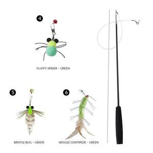 71-Inch Retractable Cat Teaser Wand with Insect-Shaped Feather Heads | Choose Wand + 3-Head Set or 3 Replacement Heads Only - PetPark