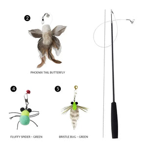 71-Inch Retractable Cat Teaser Wand with Insect-Shaped Feather Heads | Choose Wand + 3-Head Set or 3 Replacement Heads Only - PetPark