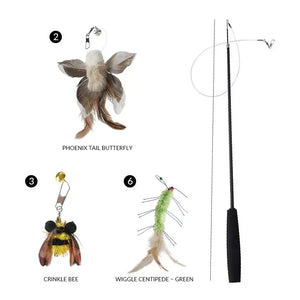 71-Inch Retractable Cat Teaser Wand with Insect-Shaped Feather Heads | Choose Wand + 3-Head Set or 3 Replacement Heads Only - PetPark