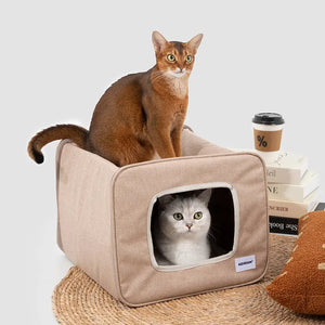 Foldable Semi-Private Cat Bed with Dual Entry Holes and Lounge-On-Top Comfort PetPark