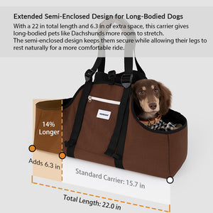Extra-long dog travel carrier with a semi-enclosed design gives long-bodied Dachshunds room to stretch comfortably.