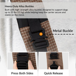 Heavy-duty buckle carrier supports small dogs up to 33 lb with a secure quick-release fastening system.