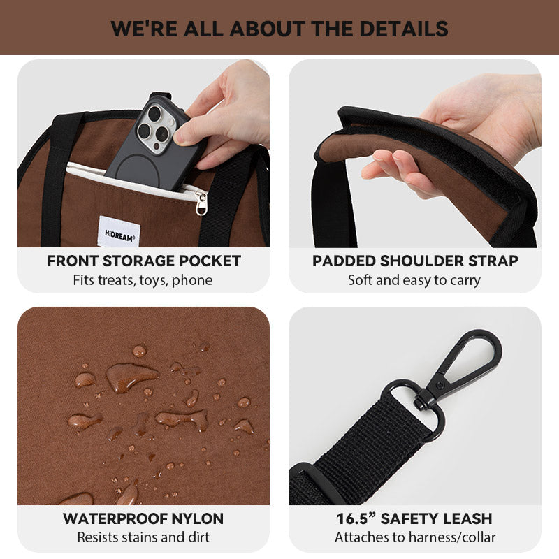 Pet carrier details include a front storage pocket, padded handle, waterproof nylon, and built-in safety tether.