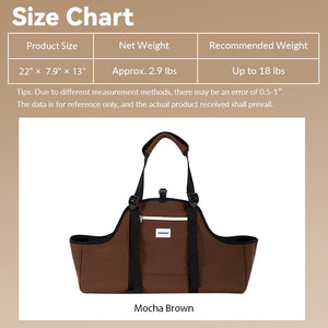 Dachshund travel carrier size chart with 22-inch length, mocha brown finish, and guidance for dogs up to 18 lb.