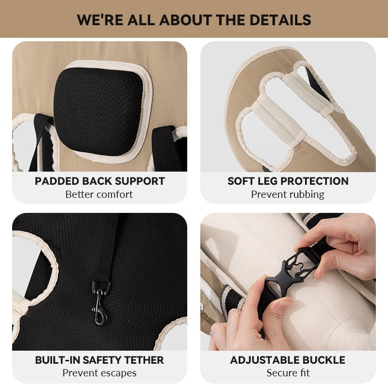 Padded back support, soft leg guards, safety tether, and adjustable buckles for secure small-dog travel.