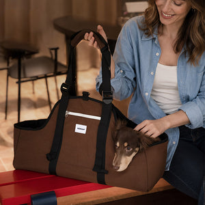 Mocha brown small dog carrier offers a cozy hand-carry option for relaxed indoor travel and everyday outings.