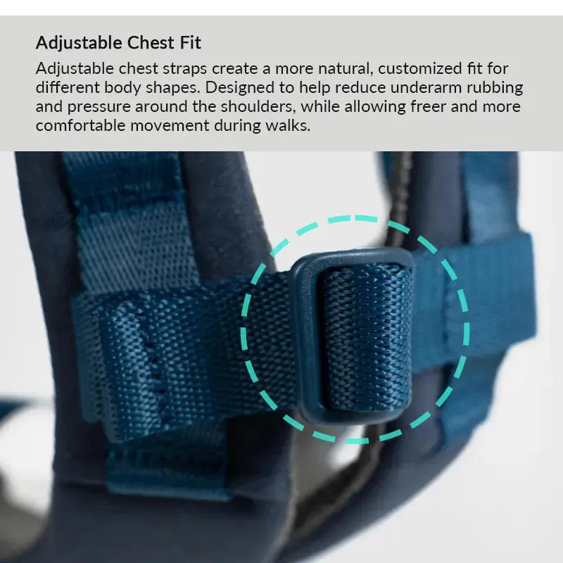 Adjustable chest-width dog harness close-up showing underarm-friendly strap placement for a more comfortable fit.