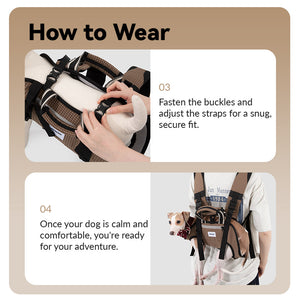 Pet travel fitting guide showing final buckle fastening and strap adjustment for a secure, outdoor-ready fit.