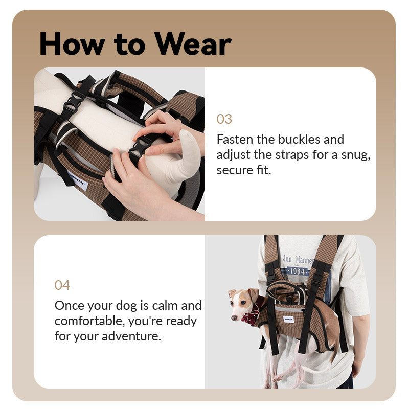 Pet travel fitting guide showing final buckle fastening and strap adjustment for a secure, outdoor-ready fit.