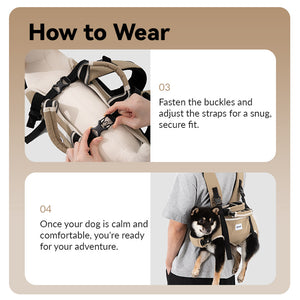 Pet travel carrier wearing guide showing buckle fastening and final strap adjustment before outdoor outings.