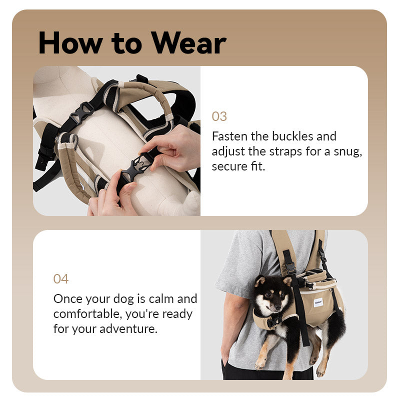 Pet travel carrier wearing guide showing buckle fastening and final strap adjustment before outdoor outings.