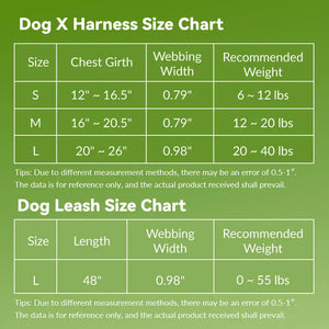 Dog X Harness for Dogs size chart with chest girth, webbing width, and recommended weight for proper fit