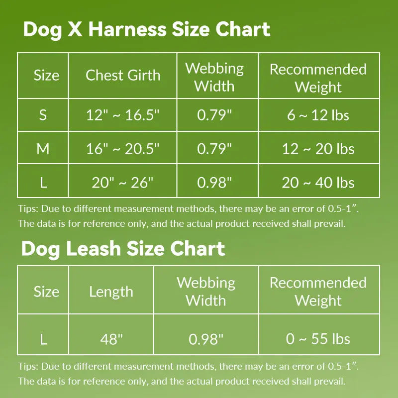 Dog X Harness for Dogs size chart with chest girth, webbing width, and recommended weight for proper fit