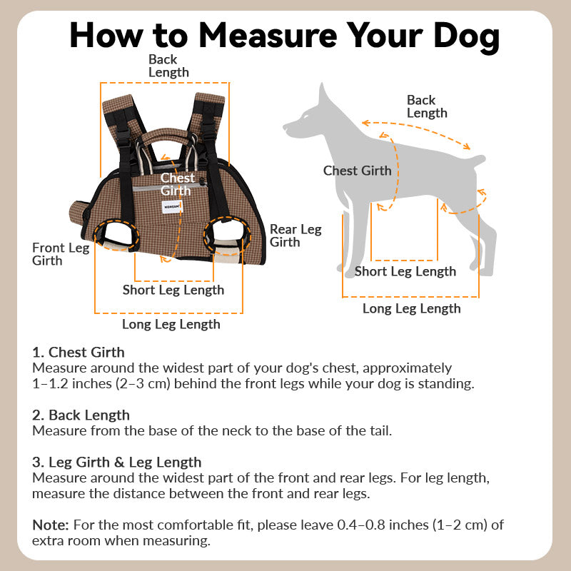 Pet carrier measurement guide showing chest girth, back length, and leg dimensions to choose a secure fit.