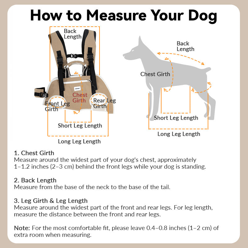 Small dog carrier measurement guide for chest girth, back length, and leg dimensions to choose the right fit.