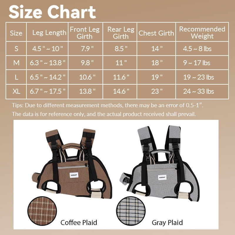 Size guide with coffee plaid and gray plaid options, detailed body measurements, and recommended weight ranges.