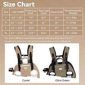Pet backpack size chart with camel and olive color options, body measurements, and recommended weight ranges.