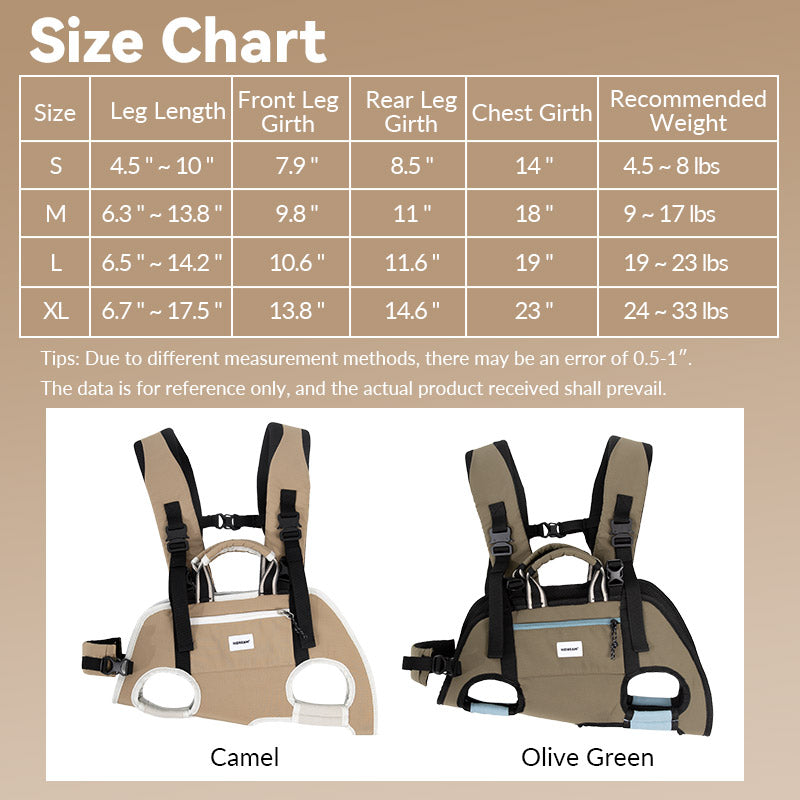 Pet backpack size chart with camel and olive color options, body measurements, and recommended weight ranges.
