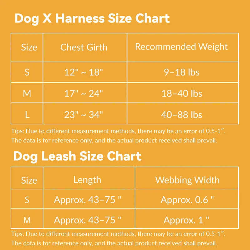 Dog harness size chart showing chest girth and recommended weight for TERRA harness and matching leash sizes.