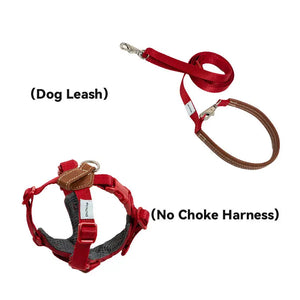 Hands-free dog leash and choke free harness set in red, featuring a leather handle and underarm-friendly X-fit design.