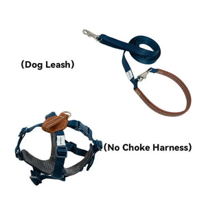Multi-way dog leash and choke free harness set in blue for secure daily walks, with leather handle and padded fit.