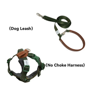 Leather handle dog leash and choke free harness set in green, styled for comfortable urban and outdoor walks.