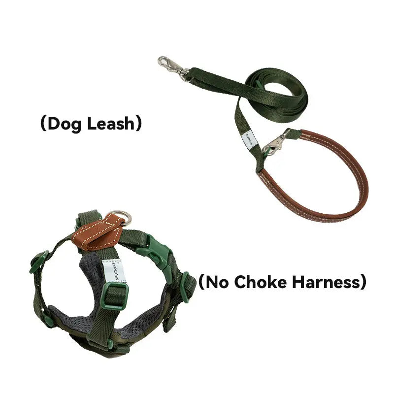 Leather handle dog leash and choke free harness set in green, styled for comfortable urban and outdoor walks.