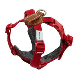 Choke Free Dog Harness in red with adjustable X-fit straps, leather back pad, and breathable mesh for daily walks.