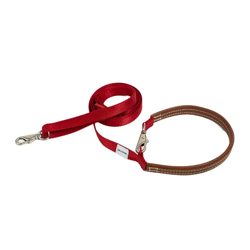 Crossbody dog leash in red with a genuine leather handle and adjustable nylon strap for hands-free daily walks.