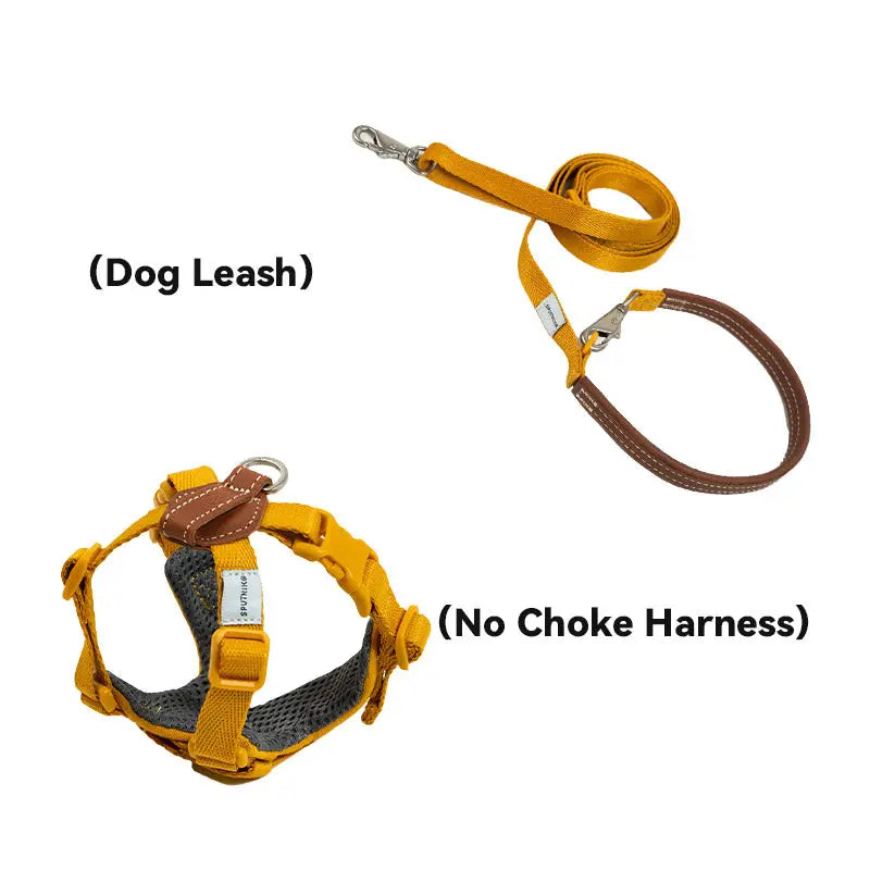 Convertible dog leash and choke free harness set in yellow with a breathable padded X-fit for active dogs.