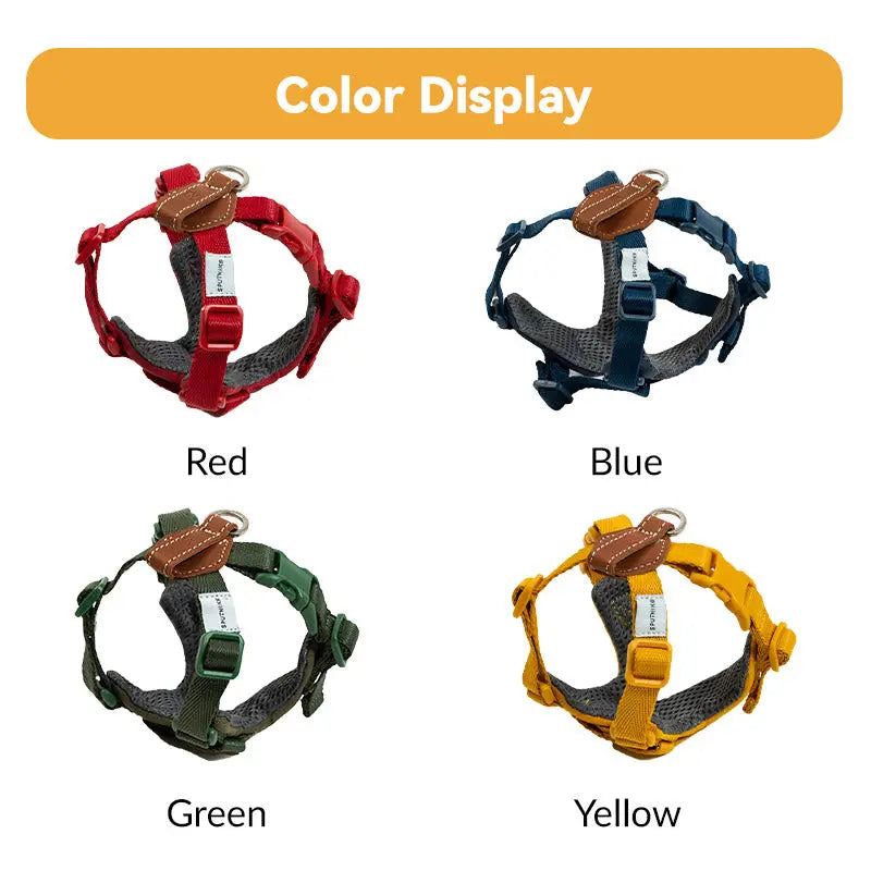 TERRA dog harness color display showing red, blue, green, and yellow choke free X-fit styles with leather back pads.