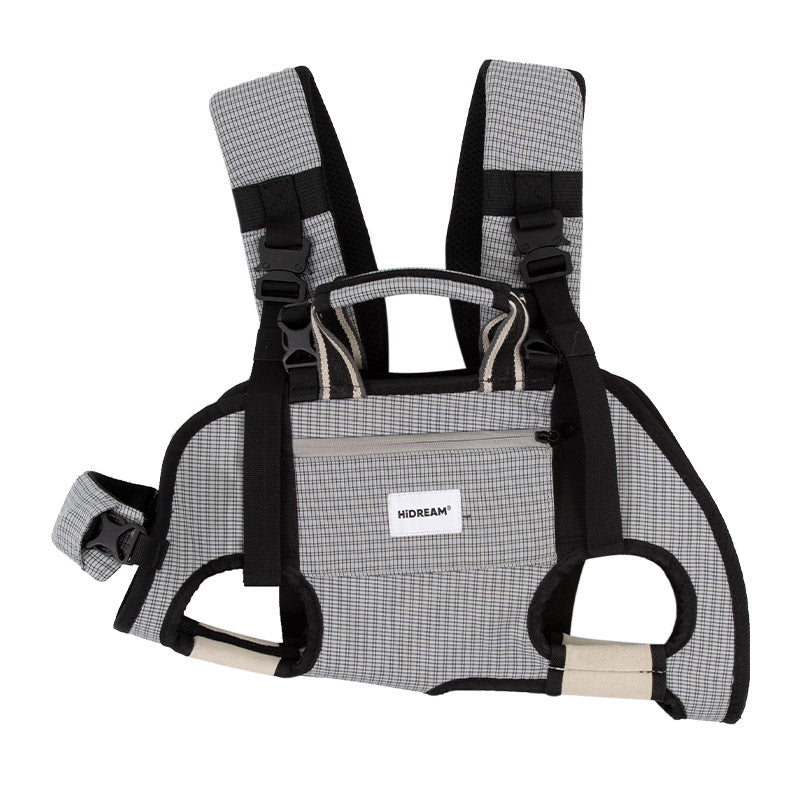 Breathable Cooling Dog Carrier Backpack in gray plaid with airy leg openings for calm outdoor adventures.