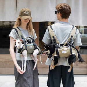 Four-leg-out pet backpack shown in front and back carry styles for balanced small-dog comfort on city walks.