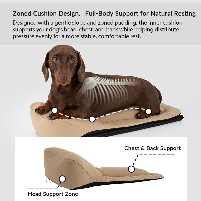 Dachshund Carrier with zoned cushioning that supports the head, chest, and back for a natural resting position.