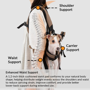 Dual-shoulder pet carrier with padded waist support balances weight for comfortable extended outdoor outings.