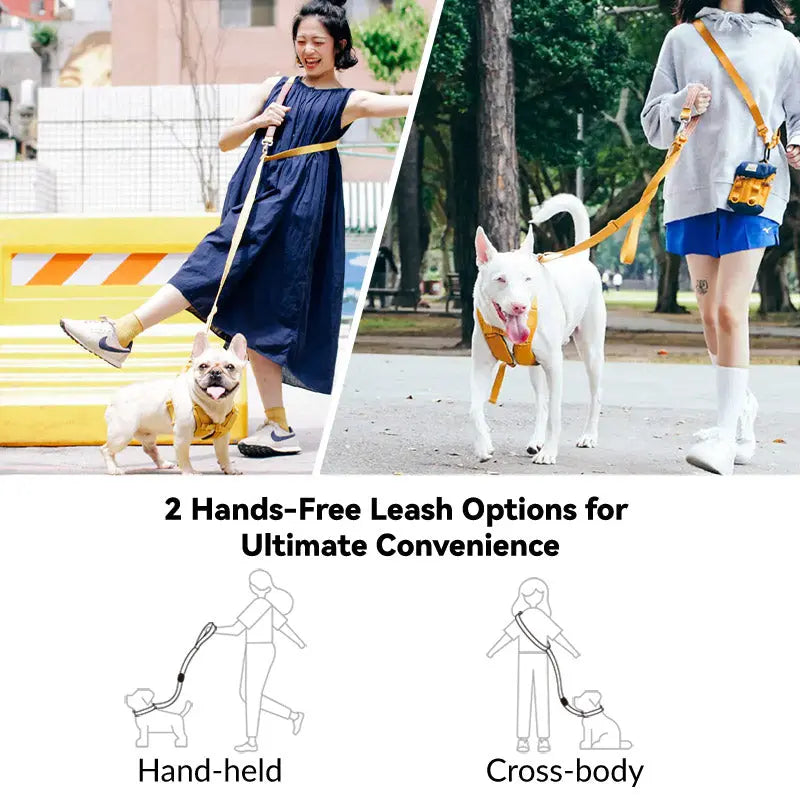 Hands-free dog leash with handheld and crossbody carry options for comfortable walks, jogging, and outdoor adventures.