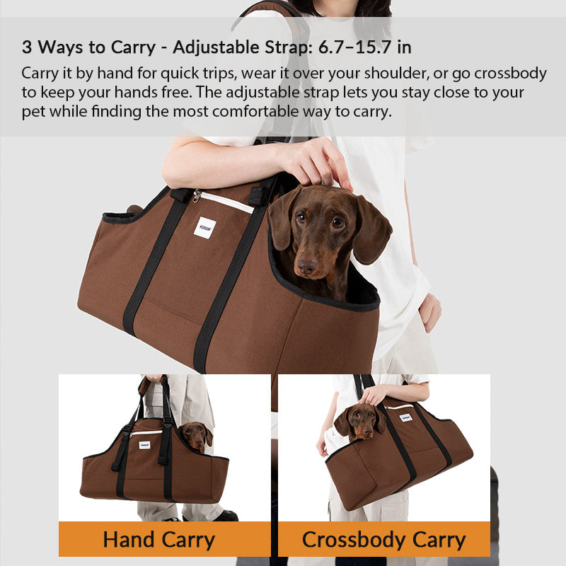 Three-way dog travel bag with hand-carry, shoulder, and crossbody options for flexible outings with your Dachshund.