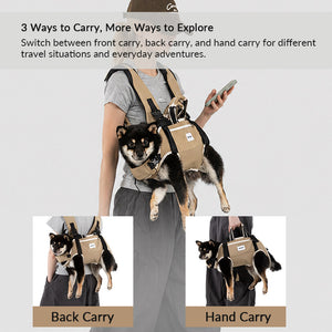 Three-way pet carrier switches between front carry, back carry, and hand carry for flexible everyday outings.