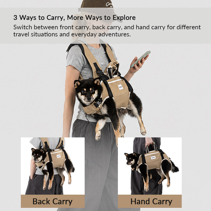 Three-way pet carrier switches between front carry, back carry, and hand carry for flexible everyday outings.