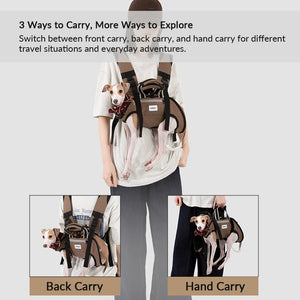 Three-way dog carrier switches between front carry, back carry, and hand carry for flexible everyday outings.