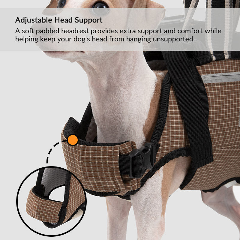 Adjustable head-support pet carrier with a soft padded rest helps small dogs stay comfortable on the move.