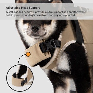 Adjustable head-support carrier provides a soft padded rest to keep small dogs comfortable while on the move.