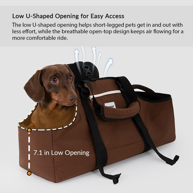 Low-entry dog carrier with a breathable U-shaped opening helps short-legged dogs step in and out with ease.