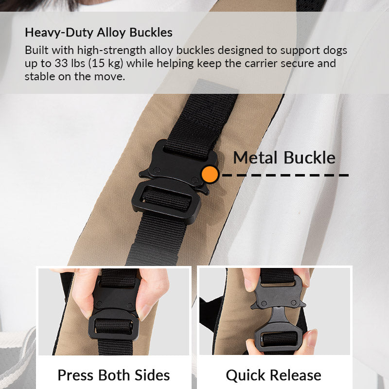 Heavy-duty buckle pet carrier supports dogs up to 33 lb with secure quick-release hardware for travel.