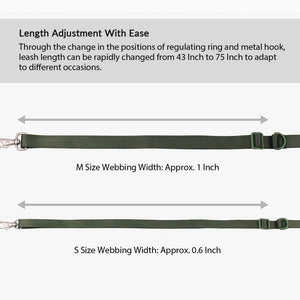Adjustable dog leash length from 43 to 75 inches, designed for flexible handheld or crossbody walking styles.